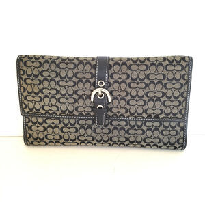 Coach Buckle Signature Clutch Wallet Large Logo Canvas Leather Black Trifold